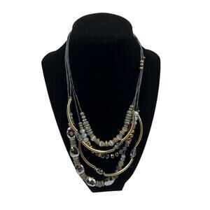 Bib Style Layered Multi Strand Necklace Neutral Gray & Gold Tones Boho Style 20"